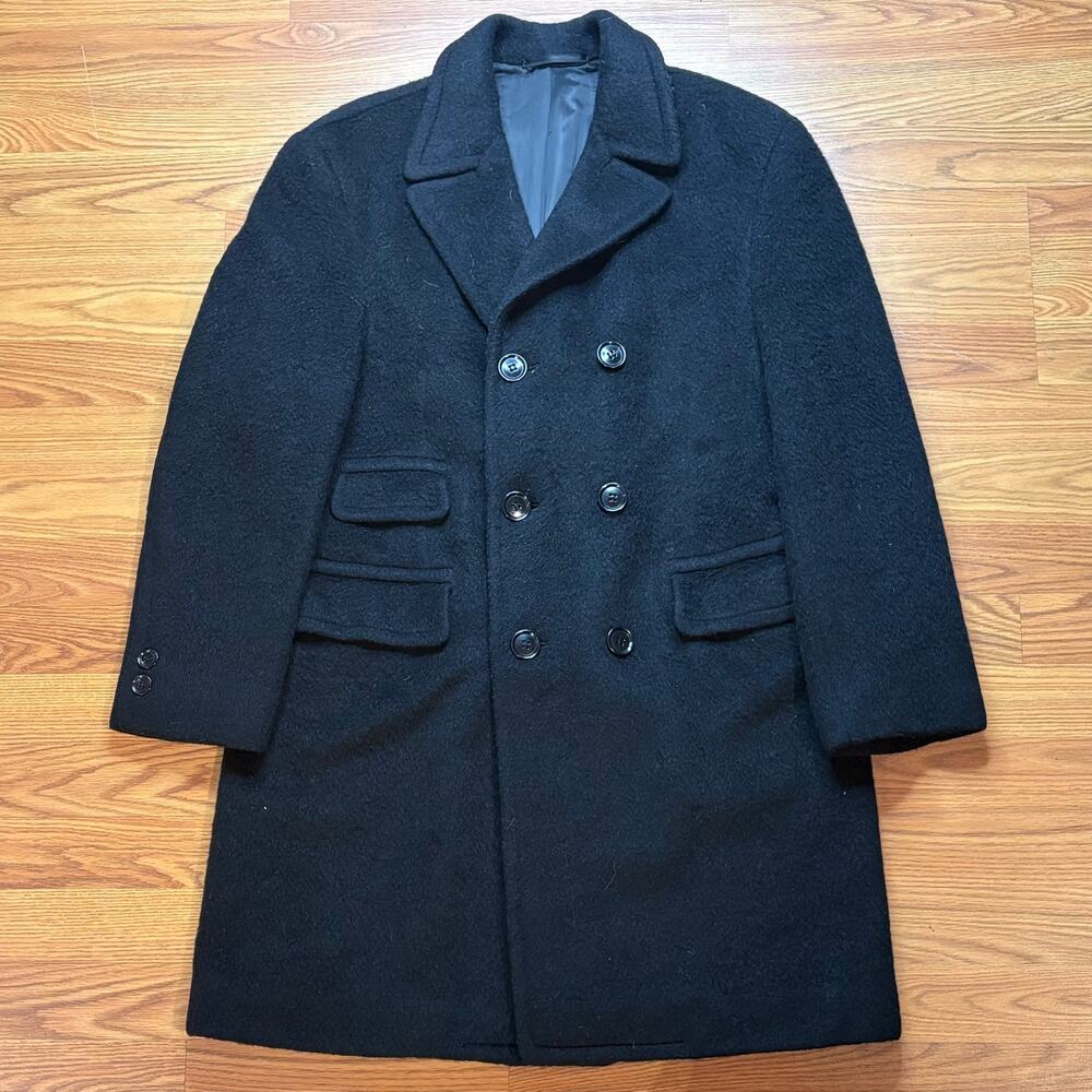 Vintage 1960s Custom Tailored Wool Overcoat Peacoat Black Mens Large Hong Kong